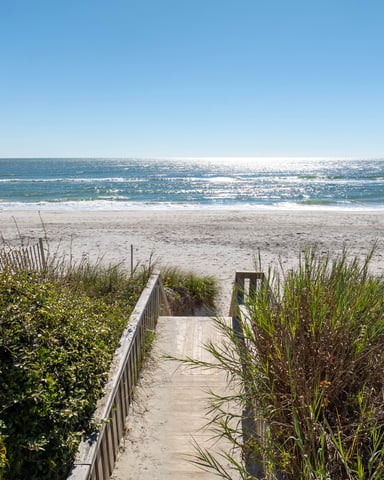 Wooden boardwalk with dune grass leading to sandy beach and ocean with clear blue sky
